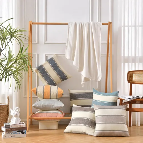 Vista 5 de AmHoo - Juego de 2 fundas de cojín de lino para sofá, estilo casa de campo, con diseño de rayas, decoración estilo Buffalo retro, con cremallera