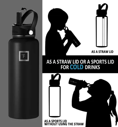 Vista 5 de IRON °FLASK - Botella de agua de boca ancha con tapa flexible con pajilla, paquete de 2 Tapa flexible con popote para botellas de agua de boca