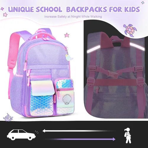Vista 6 de Mochila para niñas, mochilas escolares de 16 pulgadas para niñas, bonita bolsa de libros para niñas, niños, estudiantes, escuela primaria, Sirena