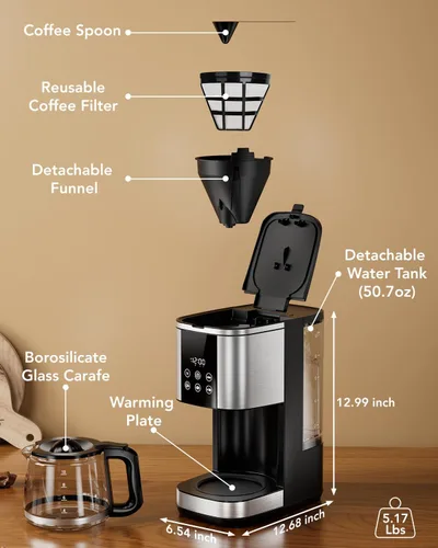 Vista 7 de COWSAR Cafetera Programable de 24 Horas - Máquina de Café de Goteo con Capacidad de 10 Tazas, Modo de Elaboración Fuerte, Pausa Automática, Función