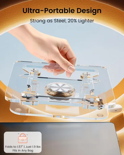 Vista 6 de Soporte para computadora portátil para escritorio, elevador acrílico transparente ajustable y plegable con base giratoria de 360°, soporte