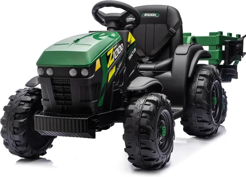 Vista 11 de Hikiddo Juguete tractor de paseo para niños de 24 V, tractor eléctrico para niños de 3 a 8 años con remolque, motores de 2 x 200 W, color negro