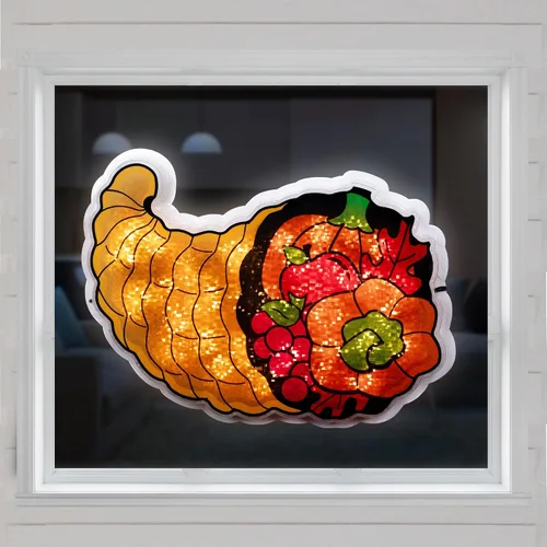 Vista 3 de Decoración de ventana de Acción de Gracias de Cornucopia preiluminada, 16 pulgadas, luces transparentes