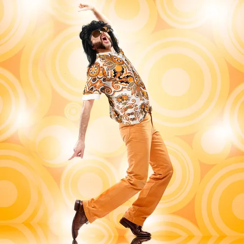 Vista 6 de Sintege Disfraz de discoteca para hombre, camisa hippie de los años 70, camisa de manga corta con cordón para playa, peluca de salmonete para fiesta