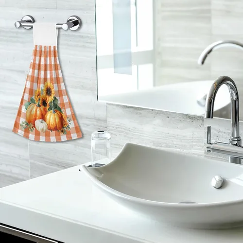 Vista 7 de Boccsty Toallas de Cocina Colgantes de Calabaza Otoñal 2 Piezas Cosecha Girasol Naranja Cuadros Buffalo Paños de Cocina con Lazo Toallas de Mano