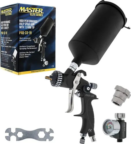 Vista 8 de Master Elite PRO-33 HVLP - Pistola pulverizadora de pintura de alto rendimiento con punta de 0.051 pulgadas, taza de 1 litro, calibre regulador