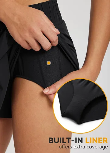 Vista 3 de BALEAF Pantalones cortos deportivos de cintura alta para mujer, falda de entrenamiento con volantes, pantalones cortos para correr, bolsillos