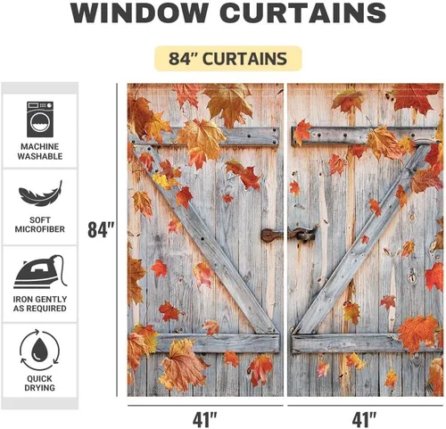 Vista 4 de Funnytree Cortina de otoño para ventana, diseño rústico de Acción de Gracias, con estampado de puerta de madera, decoración del hogar, bolsillo