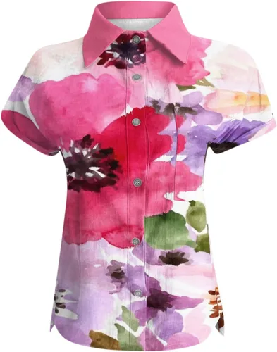 Vista 5 de Camisa de manga corta con cuello abierto para mujer, con múltiples botones, blusa casual de lino y algodón para verano