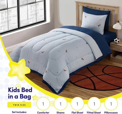 Vista 2 de Juego de edredón con diseño de baloncesto tamaño individual – Ropa de cama en una bolsa con sábanas, fundas de almohada y fundas decorativas