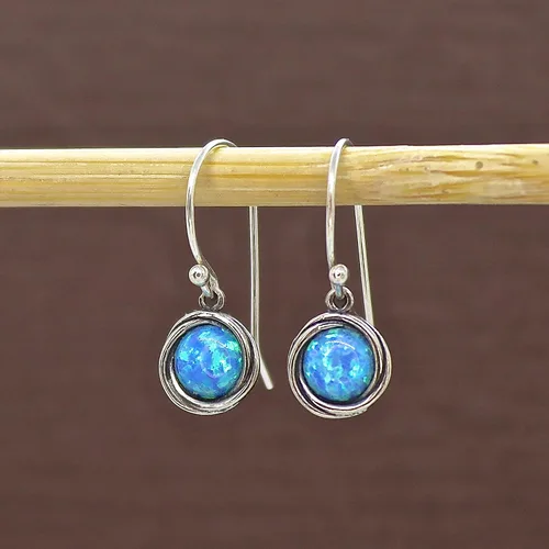 Vista 3 de Opal Earrings, Sterling Silver Dangle Earrings for women, Small round Blue Opal silver dangle earring, October Birthstone, Simple Opal earrings