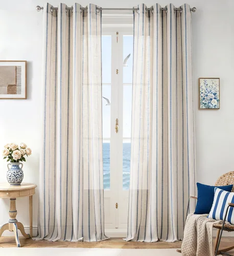 Vista 13 de DriftAway Cortinas de estilo granja con rayas verticales de lino mezclado texturizado con filtro de luz semitransparente para sala de estar