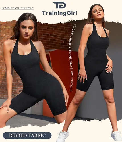 Vista 3 de TrainingGirl Mono de yoga para mujer, con cuello halter, pantalones cortos, acanalado, de una pieza, sin costuras, bodycon, entrenamiento, gimnasio