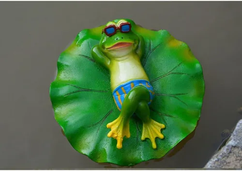 Vista 6 de Estatua flotante de hoja de loto con rana, estatua para decoración del hogar, jardín, estanque, regalo, tumbado