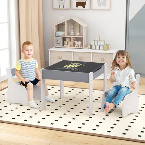 Vista 8 de Costzon Juego de mesa y silla para niños, mesa de actividades de madera 4 en 1 y 2 sillas con pizarra desmontable para arte, manualidades, dibujo