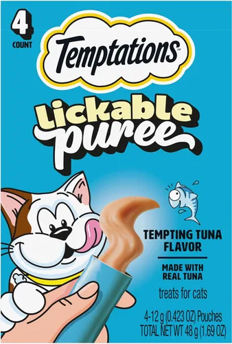 Vista 15 de Temptations Creamy Puree Golosinas Húmedas Exprimibles Lamibles para Gatos con Hígado de Res, Tubos de 0.42 oz., 4 Unidades, Paquete de 11 (44 Total)