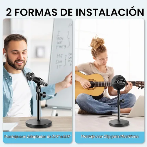 Vista 5 de Soporte de micrófono de escritorio 2 en 1, base redonda de metal mejorada, soporte de micrófono ajustable con clip de micrófono, clip para teléfono
