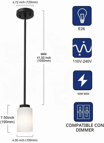 Vista 4 de TODOLUZ Luminaria Colgante Negra con Cristal Blanco Ópal, Mini Candelabro de Estilo Rústico para Isla de Cocina y Pasillo Negro