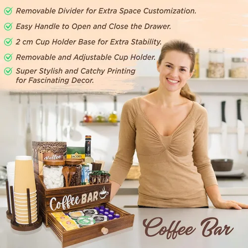 Vista 6 de Organizador de estación de café para encimera, organizador de madera para barra de café, cesta de almacenamiento con cajón, organizador
