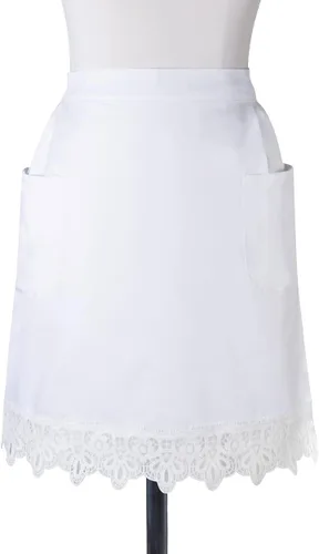 Vista 2 de Love Potato Delantal de cintura de cocina de encaje blanco de algodón con dos bolsillos traje de cosplay