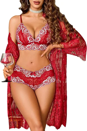 Vista 8 de Avidlove Conjunto de lencería de 3 piezas para mujer, bata de encaje Negro
