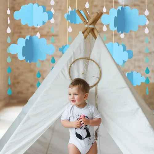 Vista 6 de 16 piezas de decoración de nube en 3D, nubes colgantes azules y gotas de lluvia para decoración de techo colgante para fiestas, guardería