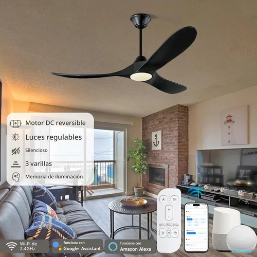 Vista 2 de Ventilador de techo inteligente negro de 52 pulgadas con luces, ventilador de techo para exteriores para patio, ventilador de techo de 3 aspas