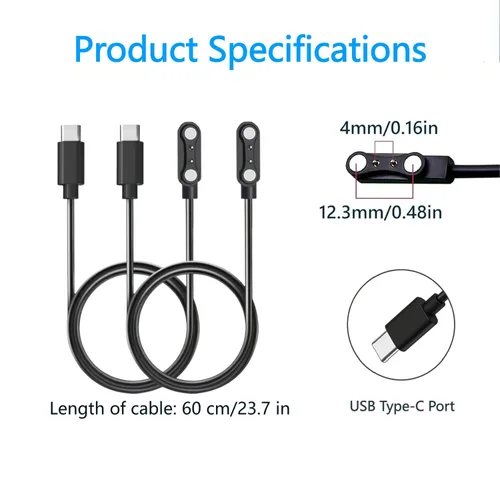 Vista 2 de Paquete de 2 cargadores universales para reloj inteligente magnético, accesorios de reloj de 23.6 in, USB-C de 2 pines de 0.157 in, cable de carga