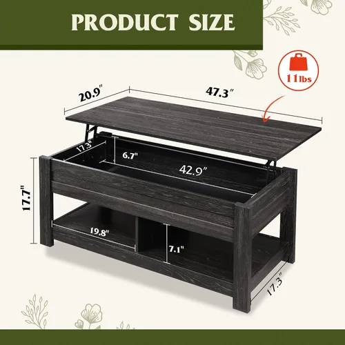 Vista 5 de WLIVE - Mesa de centro con parte superior elevable de 47", mesa de centro con compartimento oculto y 2 estantes de almacenamiento para sala de Roble