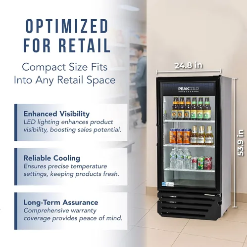 Vista 3 de PEAKCOLD + Refrigerador vertical de 1 puerta - Refrigerador comercial negro de 9.4 pies cúbicos de bajo consumo con puerta de vidrio