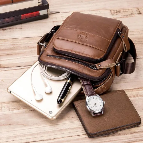 Vista 6 de BAIGIO Bolso de mensajero pequeño de cuero genuino para hombre, bolso de hombro para Ipad, bolso cruzado para hombre, bolso de viaje de negocios