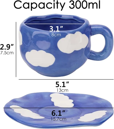 Vista 2 de Juego de taza de café y platillo de cerámica, cerámica hecha a mano de 10 onzas con patrón de nube blanca, pequeña taza de regalo para expreso, Azul