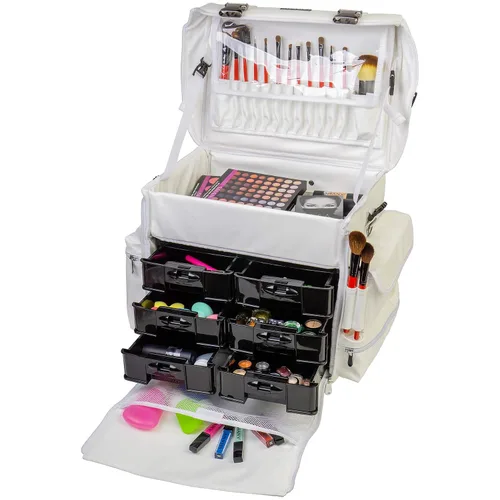 Vista 7 de Estuche de maquillaje blando con carrito SHANY Cosmetics, 2 compartimientos, color negro con 3 bolsas organizadoras de malla de regalo