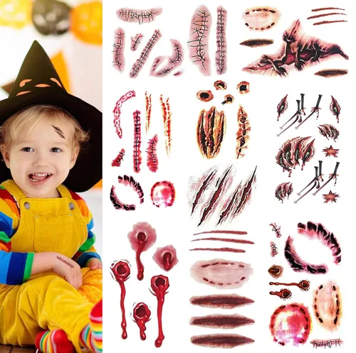 Vista 6 de Cara y cuerpo de terror realista de cicatriz falsa, impermeable, tatuajes temporales, calcomanías para Halloween, día del inocente, zombi, 8 hojas