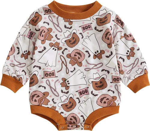 Vista 36 de Adobabirl Traje de Halloween para bebé, sudadera de fantasma, calabaza, mameluco, suéter de gran tamaño, lindo para otoño e invierno
