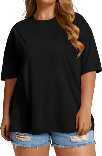 Vista 2 de Blusas de Talla Grande Casuales Camisetas Oversized para Mujeres Ajuste Holgado Cuello Redondo Blusas Camisetas Básicas de Verano Tees