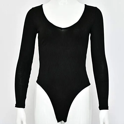 Vista 4 de Weigou - Body para mujer, con cuello en V profundo, manga larga, ajustado, elástico, leotardo, body