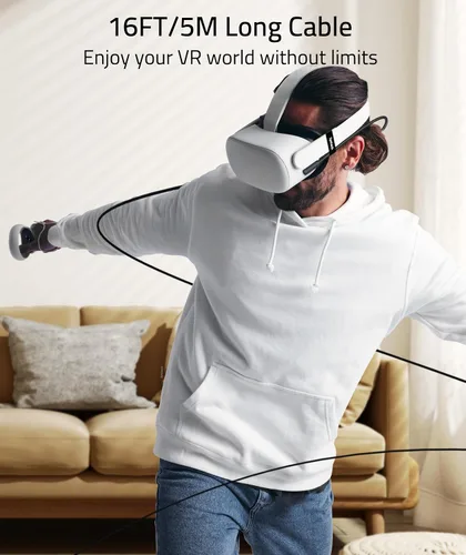 Vista 5 de Syntech Cable Link compatible con accesorios MetaOculus Quest 2 y PCSteam VR, cable tipo C actualizado de 16 pies con adaptador USB 3.0, cable