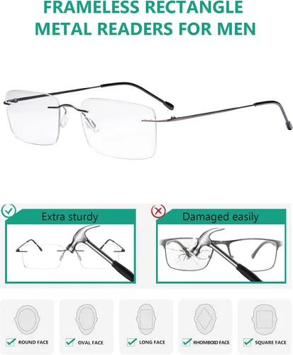 Vista 5 de Eyekepper Paquete de 3 lentes de lectura de metal sin montura para hombres, lectores rectangulares sin marco (negro/azul/plomizo)+0.00