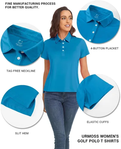 Vista 4 de URMOSS Polo de golf para mujer, transpirable, de manga corta, ligera, 4 botones