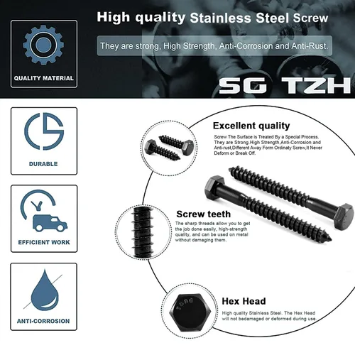Vista 4 de Tornillos de rezago de cabeza hexagonal de 1/4" x 2", 20 piezas, acero inoxidable 304 18-8, rosca parcial, tornillos para madera de cabeza