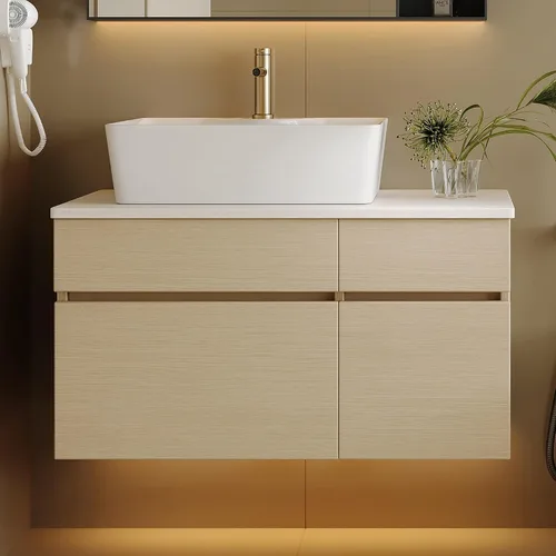 Vista 15 de SSLine Juego de tocador de baño montado en la pared con lavabo moderno de 30 pulgadas con lavabo superior y estante de almacenamiento, armario