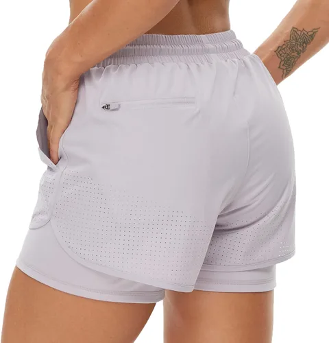 Vista 3 de BENLENGS - Pantalones cortos de yoga para mujer, 2 en 1, con cordón y bolsillo con cremallera