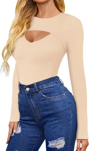 Vista 2 de HERLOLLYCHIPS Camiseta de manga larga para mujer, con corte frontal, acanalada, sexy, casual, elegante, para otoño