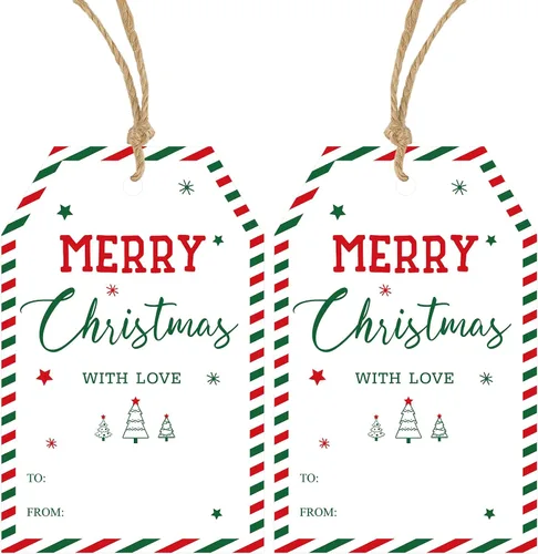Vista 15 de Etiquetas de regalo de Navidad de Anwyll con cuerda - 50 piezas etiquetas de arco rosa feliz feliz feliz Navidad para regalos etiqueta de regalo