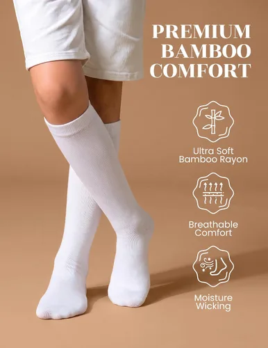 Vista 3 de Hugh Ugoli Knee High Bamboo School Uniform Socks for Girls, Kids, 3-6 Pairs 01- blanco (3 pares)