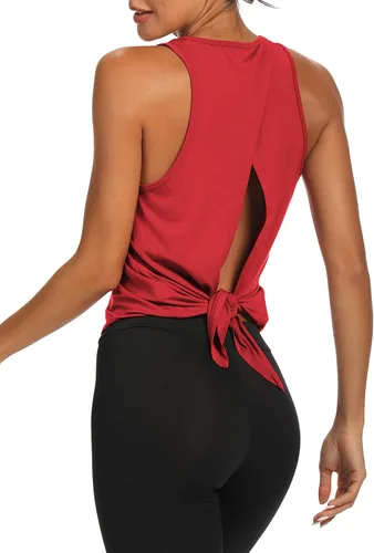 Vista 5 de Bestisun Camisetas de yoga con espalda abierta para mujer, con lazo en la espalda