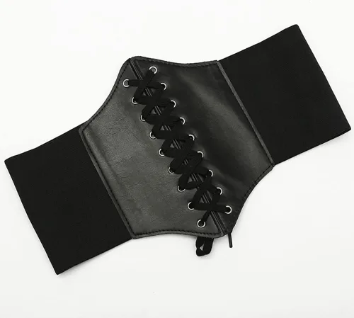 Vista 3 de Negro elástico mujeres atado Waspie corsé cintura cinturón PU cuero adelgazamiento cuerpo cintura superior bajo busto Cinch vestido Faja cordón