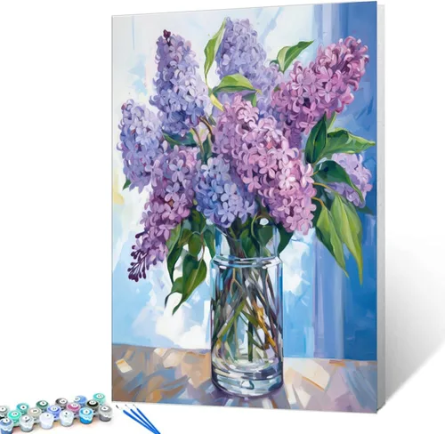 Vista 2 de Tucocoo Pintura por números con flores de lirio azul en una jarra de vidrio DIY en lienzo con pinceles, pinturas acrílicas, pintura de grafiti por