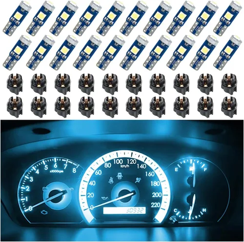 Vista 8 de BELOMI 20 unidades de luces LED T5 para salpicadero de automóvil, bombilla de alta luminosidad 3030-3SMD de repuesto con casquillo de bloqueo de Azul